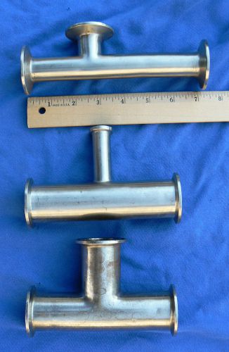 Three (3) sanitary tee fittings, 1.5 inch, 3/4 inch triclamp / triclover for sale