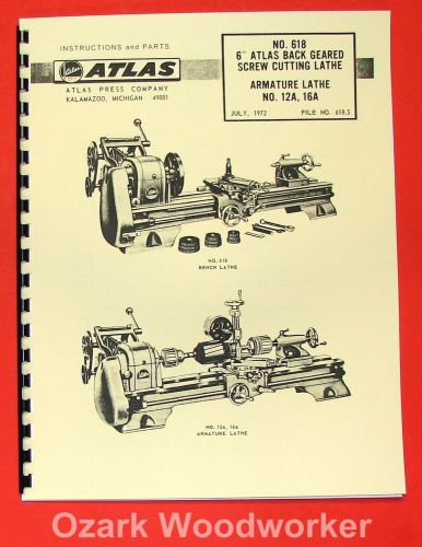 Atlas/craftsman 6&#034; metal lathe no. 618 instructions &amp; parts manual 0051 for sale