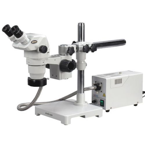 6.7x-45x stereo zoom microscope on boom w/ fiber optic ring light for sale