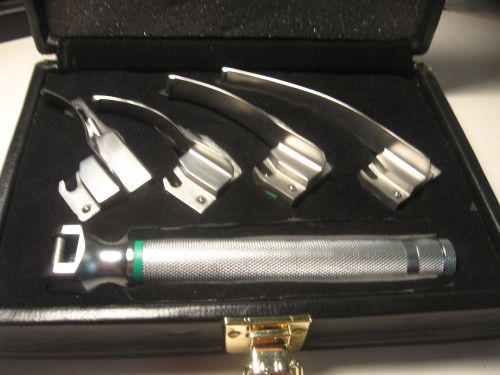 Fiber optic laryngoscope set w/ leather case, 4 blades and pediatric handle for sale