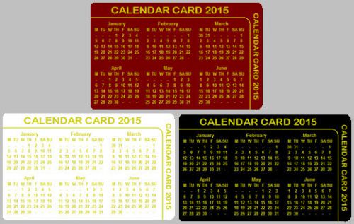 10 OFF - CALENDAR CARDS - Credit Card Size, 3 Colours, Gold Print - 2015