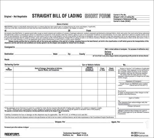 Rediform snap-a-way bill of lading form - 4 part - carbonless - 7&#034; x (44302) for sale