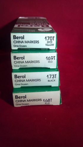 4 BOXES BEROL CHINA MARKERS 173T BLACK,170T BRITE YELLOW,169T RED,168T BLUE