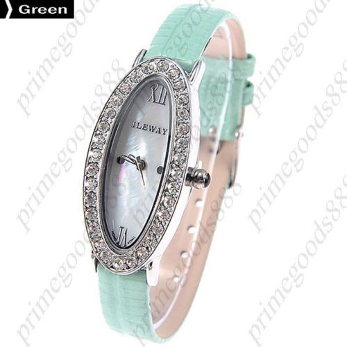 Oval Analog Rhinestones Genuine Leather Wrist Quartz Wristwatch Women&#039;s Green