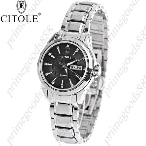 Round stainless steel quartz wrist dual date free shipping silver black  women&#039;s for sale