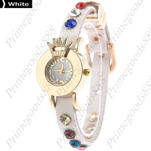 Crown rhinestones analog pu leather lady ladies quartz wristwatch women&#039;s white for sale