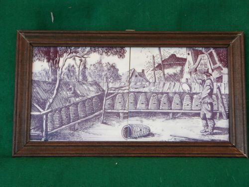 RARE 1978 Vintage framed 2 tile tableau bee keeper with hives Bee Smoker Fogger