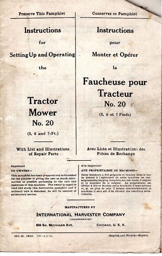 IH Tractor Mower No20  Instruction Part List 1940 7916A