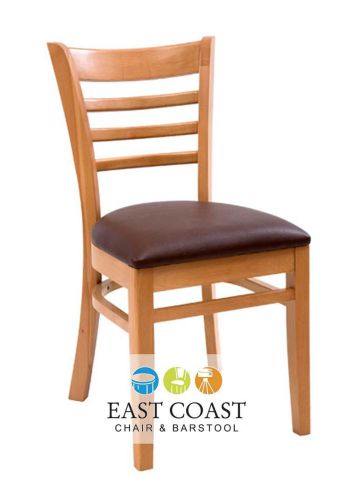 New Commercial Wooden Natural Ladder Back Restaurant Chair with Brown Vinyl Seat