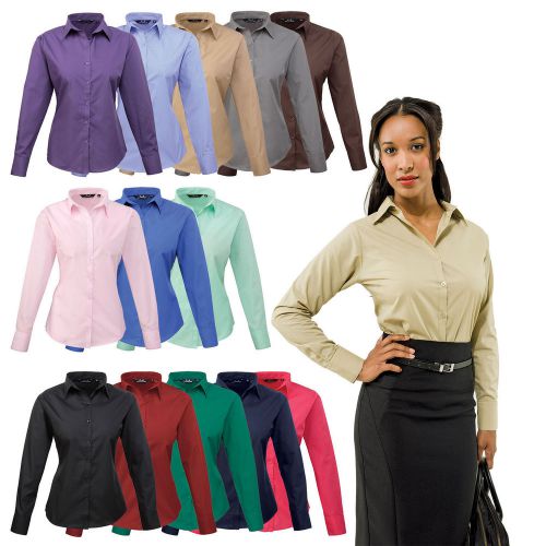 Premier Ladies Womens Long Sleeve Poplin Shirt Blouse Top Business Work PR300