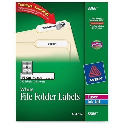 Avery 8366 - Avery TrueBlock White File Folder Labels-1/3-Laser/Ink Jet-750