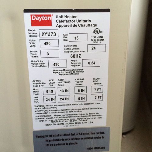Dayton electric unit heater, 15 kw, 480v for sale
