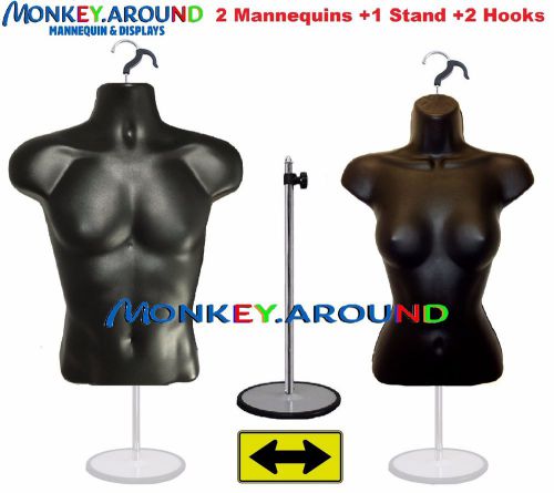 2 Mannequins +1 Stand + 2 Hangers Male Female Black Form Display&#039;s Shirt &amp; Dress