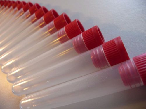 100 count 12 x 75 mm frosted/clear plastic test tubes with red caps, new for sale