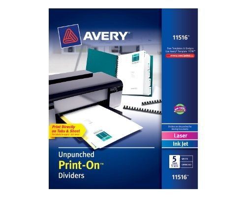 Avery Unpunched Print-On Dividers, White, 5 Tabs, 5 Sets (11516)