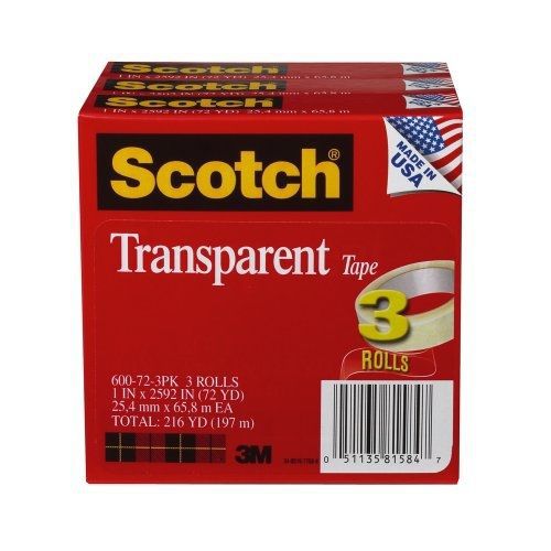Scotch Transparent Tape, 1 x 2592 Inches, 3 Rolls, Boxed (600-72-3PK)