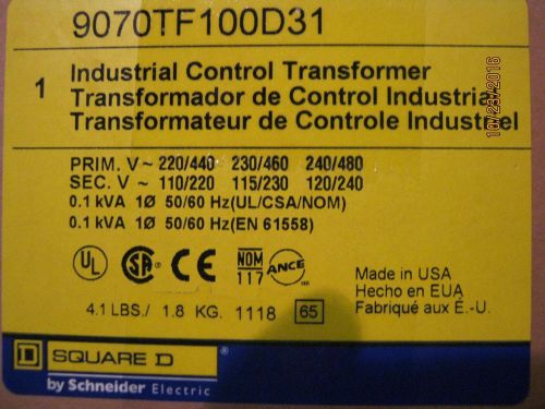 9070tf100d31 Square D Industrial Control Transformer