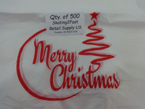500 qty. merry christmas plastic t-shirt shopping bags handles 11.25&#034; x 6&#034; x 21&#034; for sale