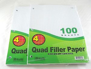 2 Pk Bazic 4-1&#034; Quad Ruled Filler Paper 100 Ct. Per Set