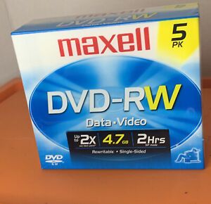 NEW Maxell DVD-RW 120 Min 4.7 GB Data Video Music ReWriteable 5 Pack Single Side