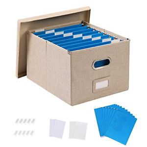 File Organizer Box - Collapsible Linen Storage Box with10 Hanging Filing Folders