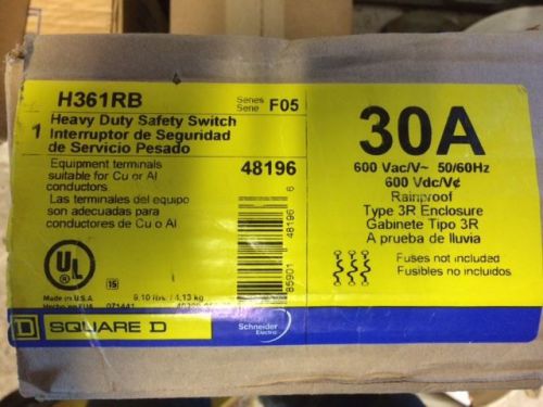 Square D H361RB 3-Pole 30 Amp Fusible Disconnect Switch 600V AC/DC New