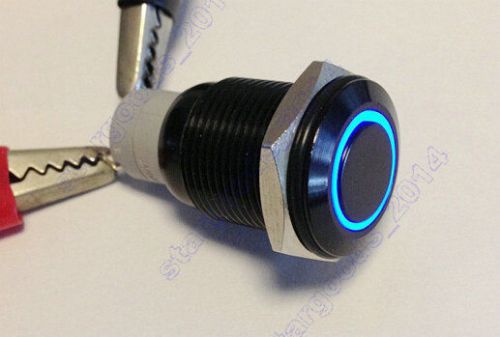 Waterproof 16mm 12v blue led push button switch black aluminum metal latching for sale