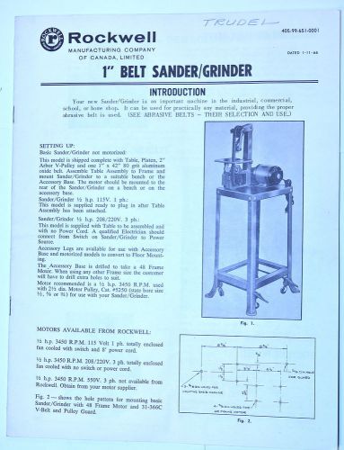 Rockwell 1&#034;  x  42&#034; belt sander grinder manual 1966 #rr92 installation operation for sale