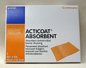 SMITH &amp; NEPHEW ACTICOAT 20381 4&#034;x 5&#034; Wound Dressing Box of 5 STERILE with Silver