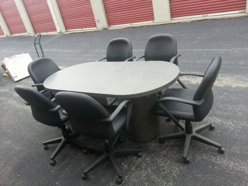 Office Conference Table w/ 6 Lo-Back Leather Chairs &amp; 4 Bookshelves - EUC