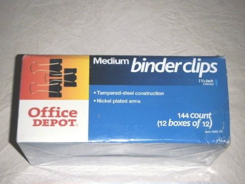 OFFICE DEPOT SUPPLY MEDIUM 1-1/4&#034; BLACK BINDER CLIPS 12 BOXES OF 12 = 144 TOTAL