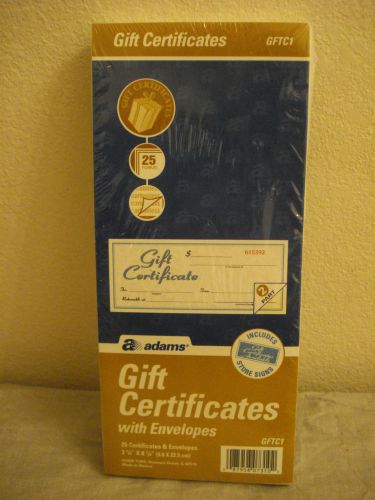 ADAMS 25 Gift Certificates with Envelopes, Factory Sealed
