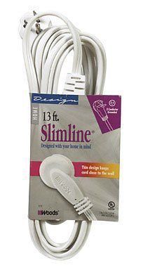 White 13-Foot SlimLine 2232 Flat Plug Extension Cord, 3-Wire, White, 13-Foot New