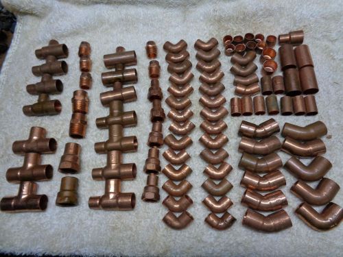 New assorted copper sweat fittings lot of 96 tee&#039;s elbows unions caps couplings for sale