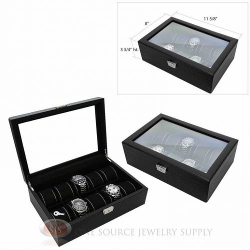 2 piece 10 watch glass top black carbon fiber pattern leatherette cases displays for sale