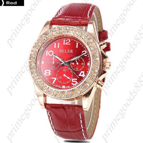 PU Leather Rhinestones Analog Quartz Lady Ladies Wristwatch Women&#039;s Red