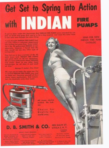 1955 INDIAN FIRE PUMP LASHER FIGHTING SEXY SWIMSUIT PINUP FOREST SERVICE AD