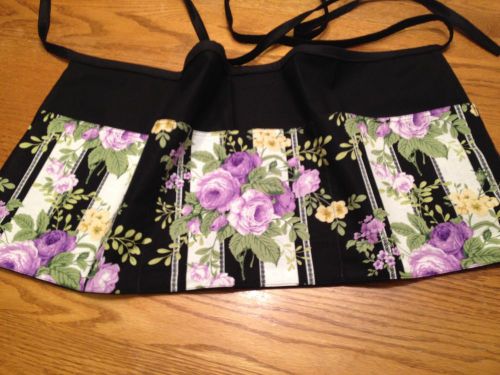 Black server waitress waist apron reversible floral/utensils handmade 1 sz for sale