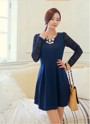 New rendering long-sleeved pleated lace dress Slim
