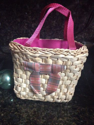 Small Straw Basket lined Pink Fabric and Ribbon Handles to Pack Beautiful Gifts