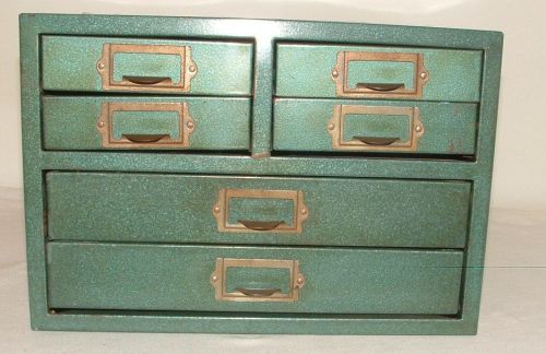 Vtg industrail green metal 6 drawer file cabinet small table top organizer chest