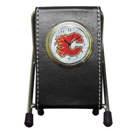Custom Calgary Flames Leather Pen Holder Desk Clock (2 in 1) Free Shipping