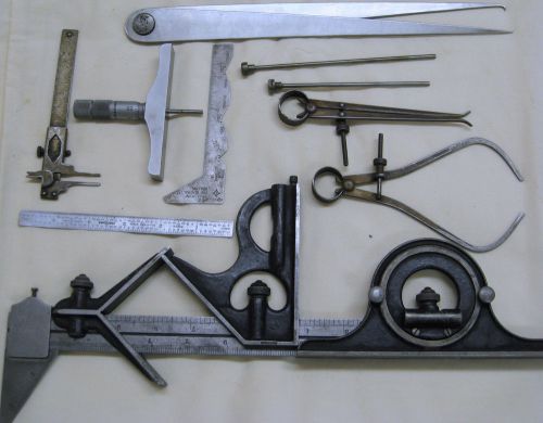 8 Piece Lot Tools: Calipers, Combination Angle Tool, Depth Gauge Micrometer, etc