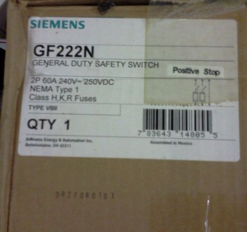 SIEMENS GF222N DUTY SAFETY SWITCH 2P 60 A 240V 250 VDC