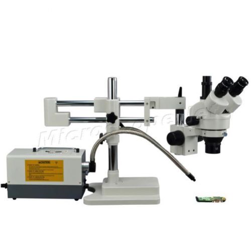 Trinocular 150w cold dual fiber zoom stereo boom stand microscope 3.5x-90x for sale