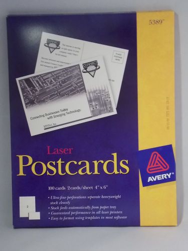 AVERY LASER POSTCARDS 5389 100 CARDS 2 PER SHEET 4&#034; X 6&#034; 2000 OPENED BUT UNUSED