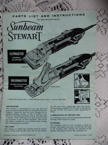 Sunbeam Stewart Clipmaster Shearmaster Clipper Instruction Manual Parts list