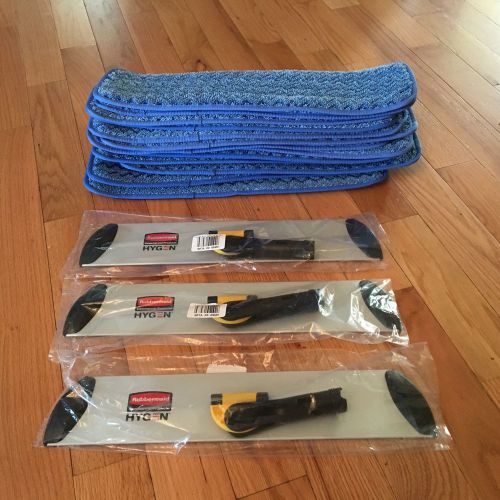 3 rubbermaid q560 18&#034; frames + 12 q410 hygen microfiber damp mop pads for sale