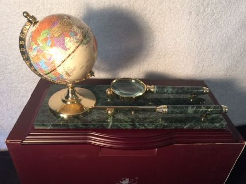 Desk Set Miniature Globe, Letter Opener, &amp; Magnifying Glass Green Marble NEW