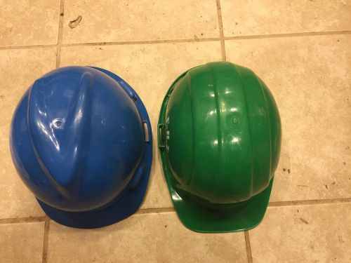 2  safety helmets: msa v-gard size medium, blue: maverick ii sei, green for sale